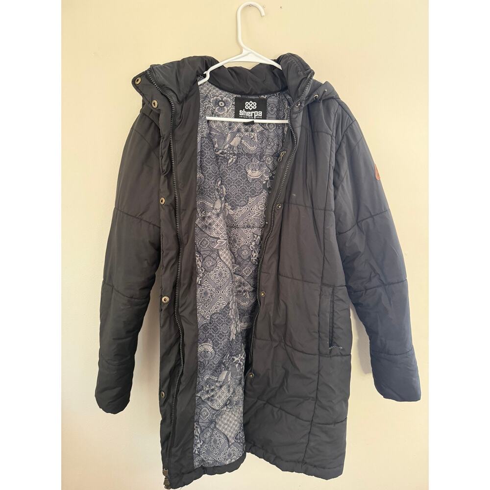 Sherpa Adventure Gear Womens Long Puffer Parka Jacket Coat Size M Black Hooded
